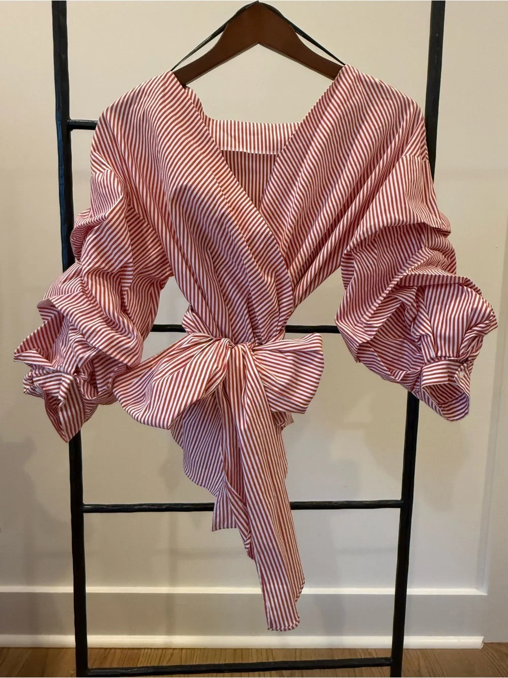 Zara Red and White Striped Wrap Blouse with Voluminous Puff Sleeves